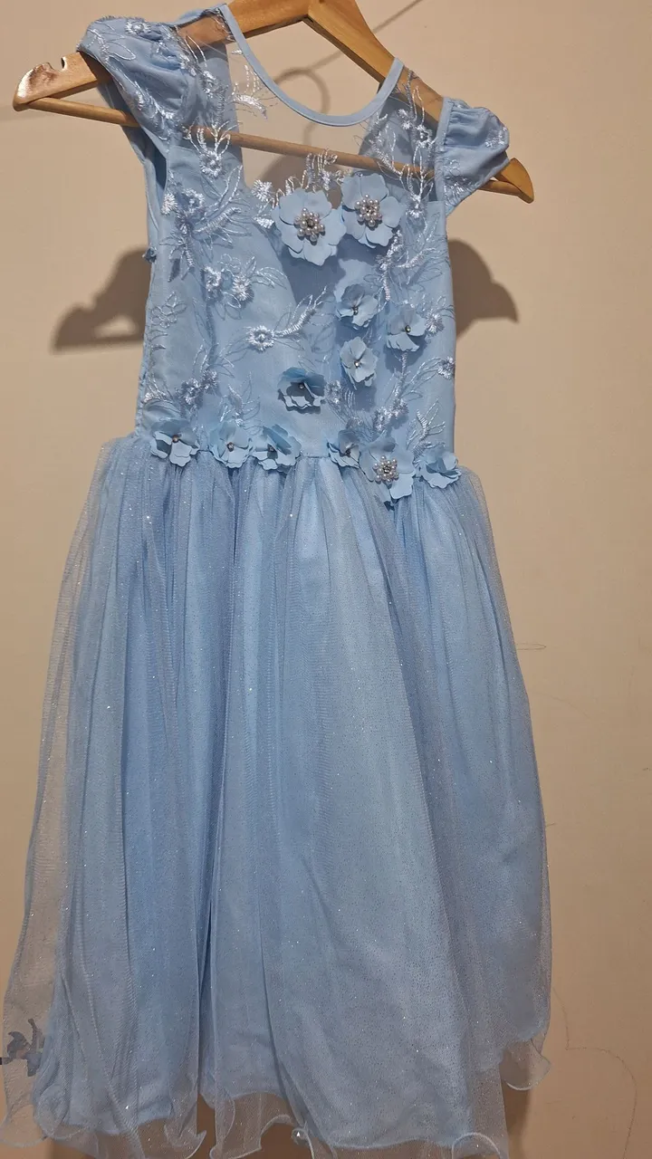 Vestido Infantil Azul com Apliques Florais