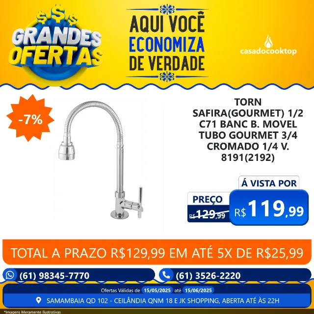 TORN SAFIRA(GOURMET) PAR B. 1/2 C71 MOVEL TUBO GOURMET 3/4 CROMADO 1/4 V. 8157