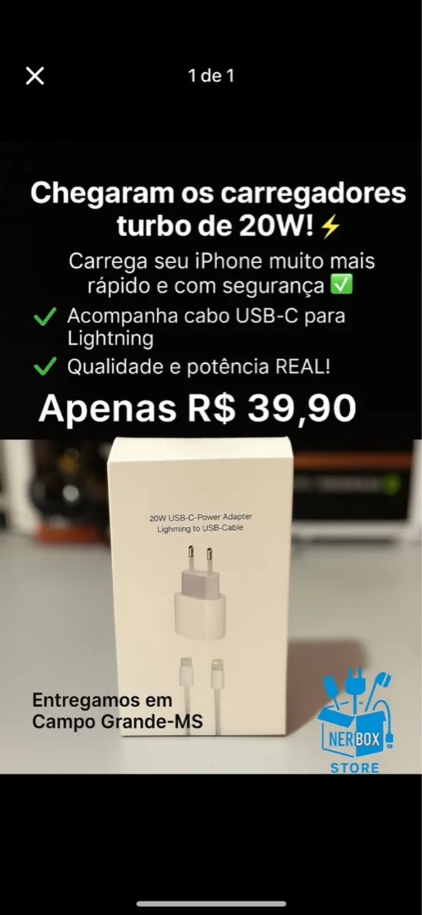 Carregador Turbo 20W para iPhone - R$39,90