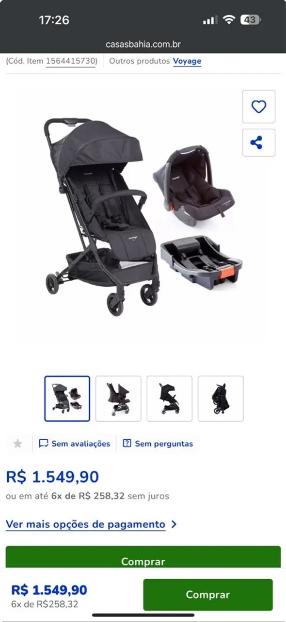 Carrinho de Bebê Voyage com Bebê Conforto e Base