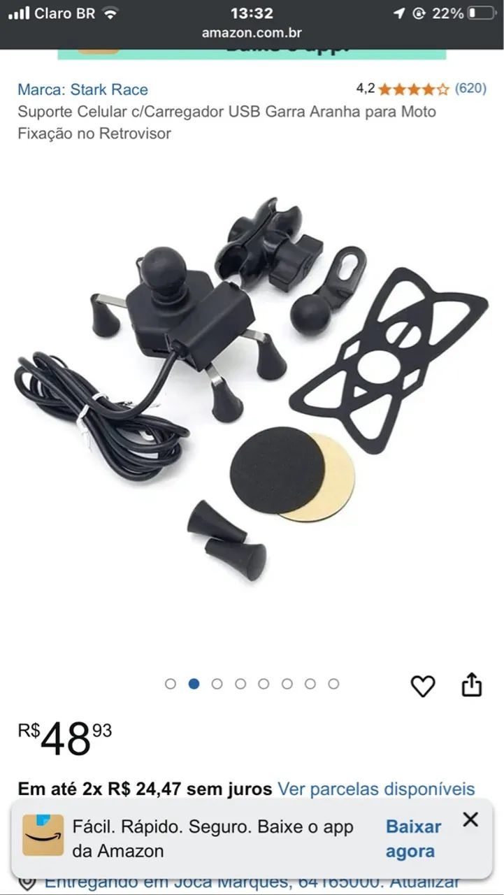 Suporte Celular c/Carregador USB Garra Aranha para Moto - Foto 3