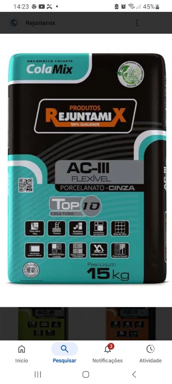 Rejuntamix ColaMix AC-III Flexível Porcelanato Cinza 15kg somente R$25,00 0 pacote