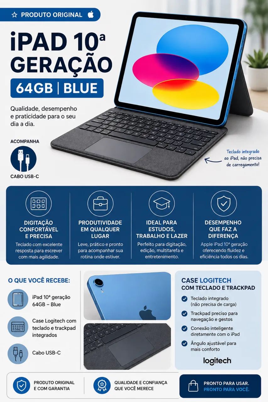 iPad 10ª Geração - 64GB | Blue com CASE LOGITECH COM TECLADO E TRACKPAD