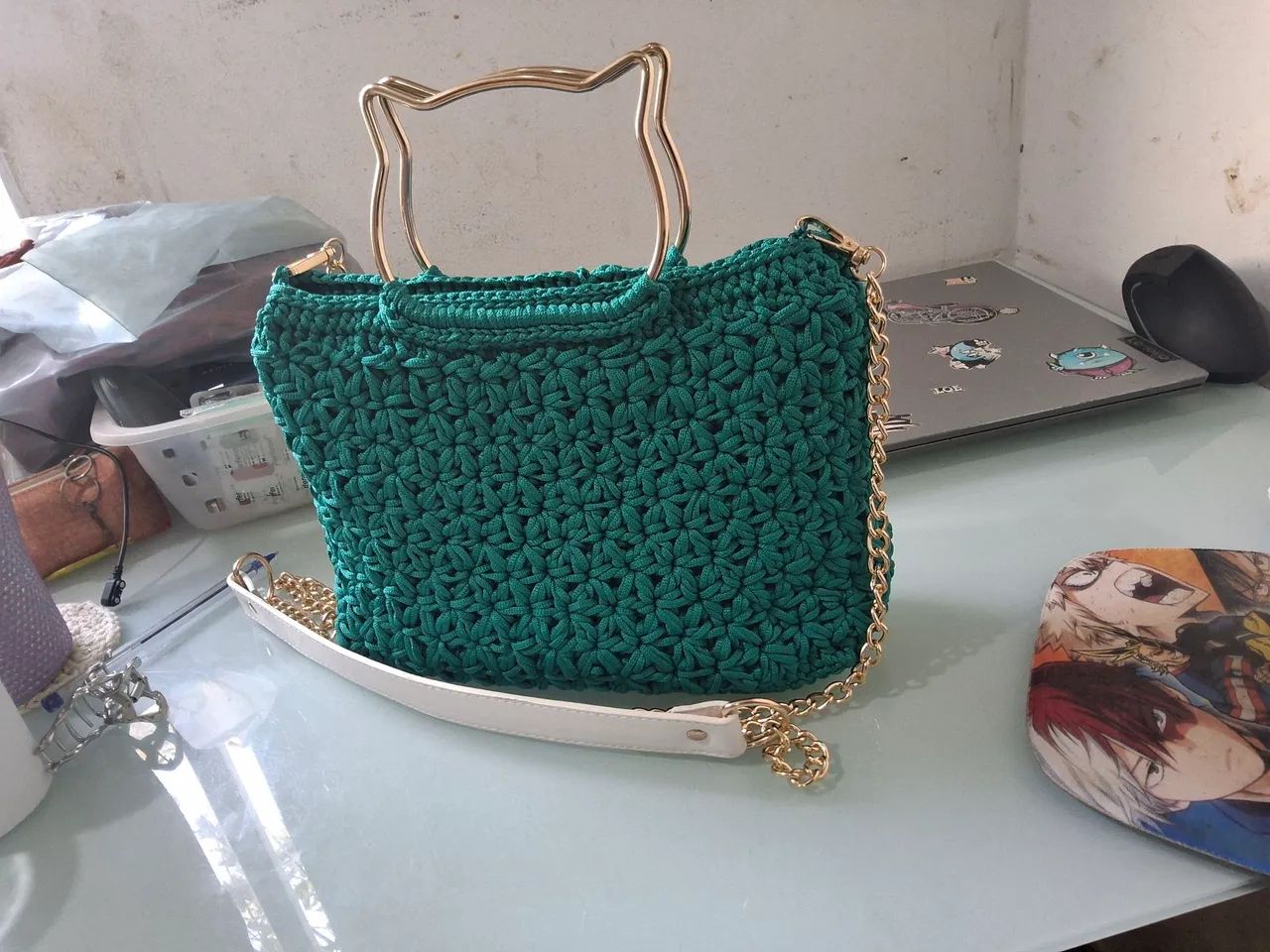 Bolsa de crochê verde esmeralda 