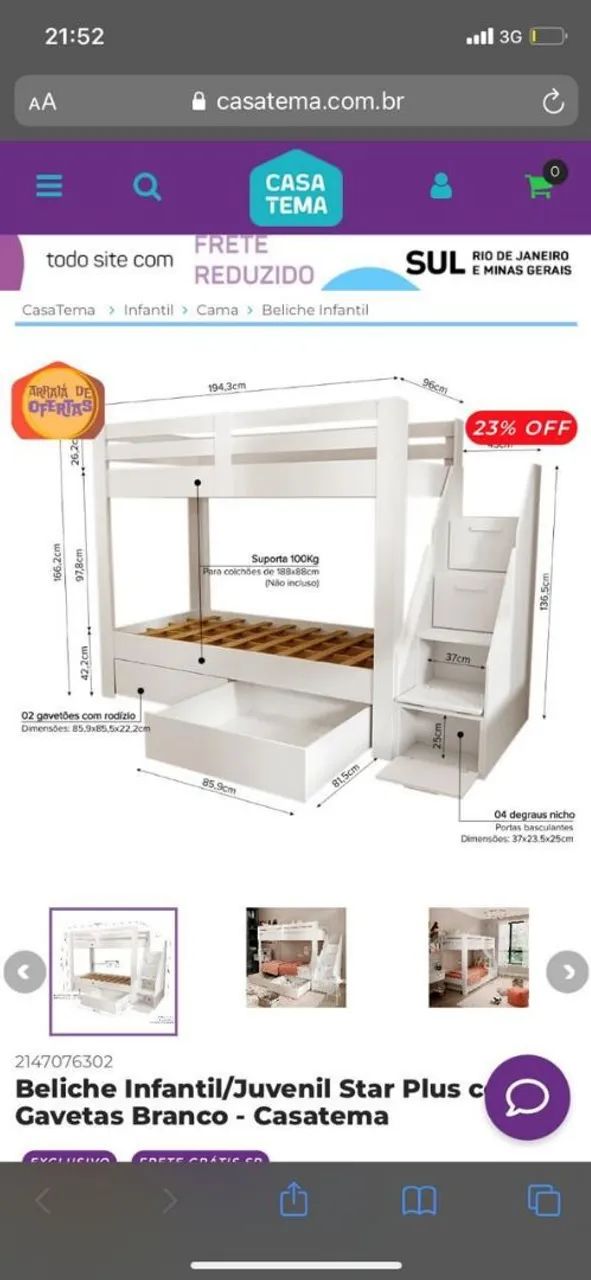 Cama Beliche com 2 gavetões e Cômoda 3 em 1 - Foto 2