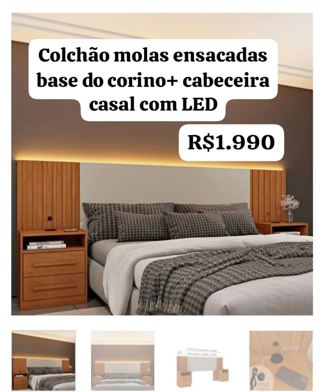 Colchão Casal Molas Ensacadas + Base Corino + Cabeceira com LED 
