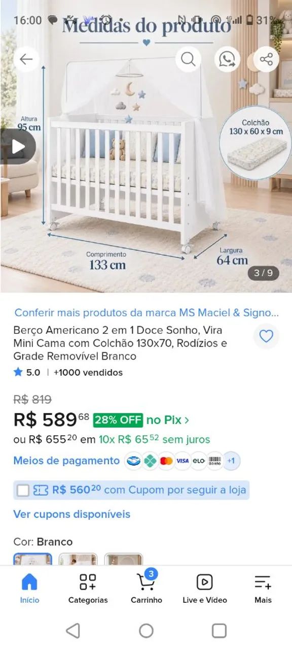 Berço mali branco 2x1  - Foto 2