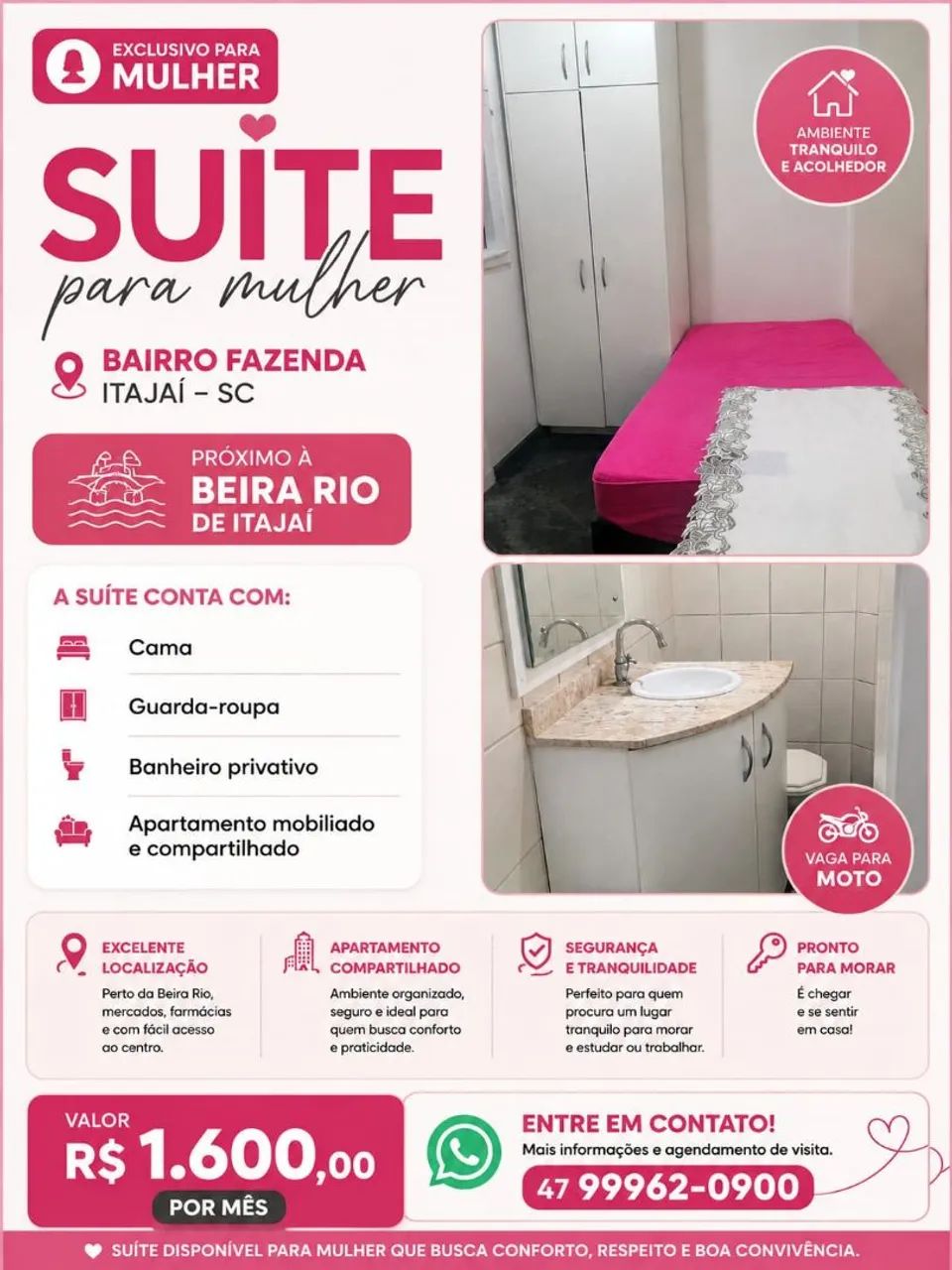 Aluguel Quarto Mobiliado p/ Mulher