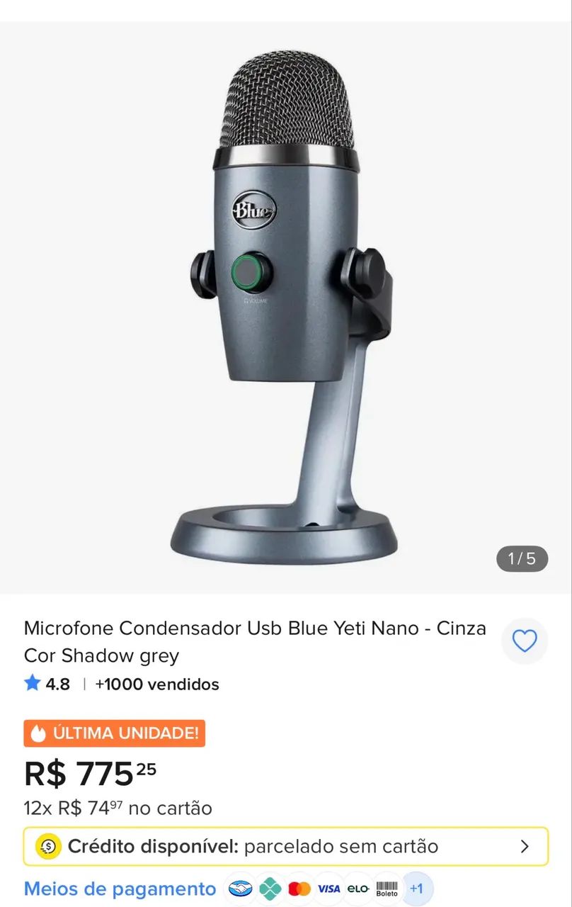 Microfone Condensador Usb Blue Yeti Nano - Cinza Cor Shadow grey - Foto 2