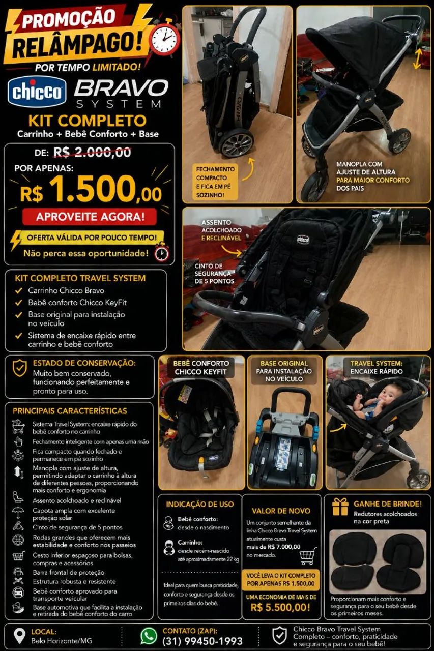 Carrinho de bebê Kit Chicco Bravo Travel System