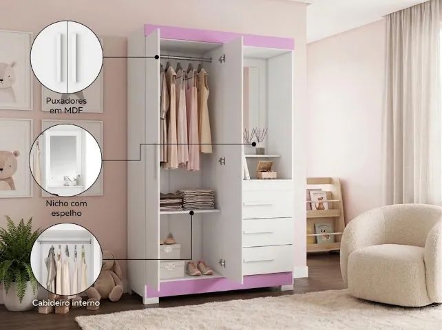 Guarda Roupa Solteiro Rosa com Espelho - FRETE E MONTAGEM GRÁTIS! - Foto 2