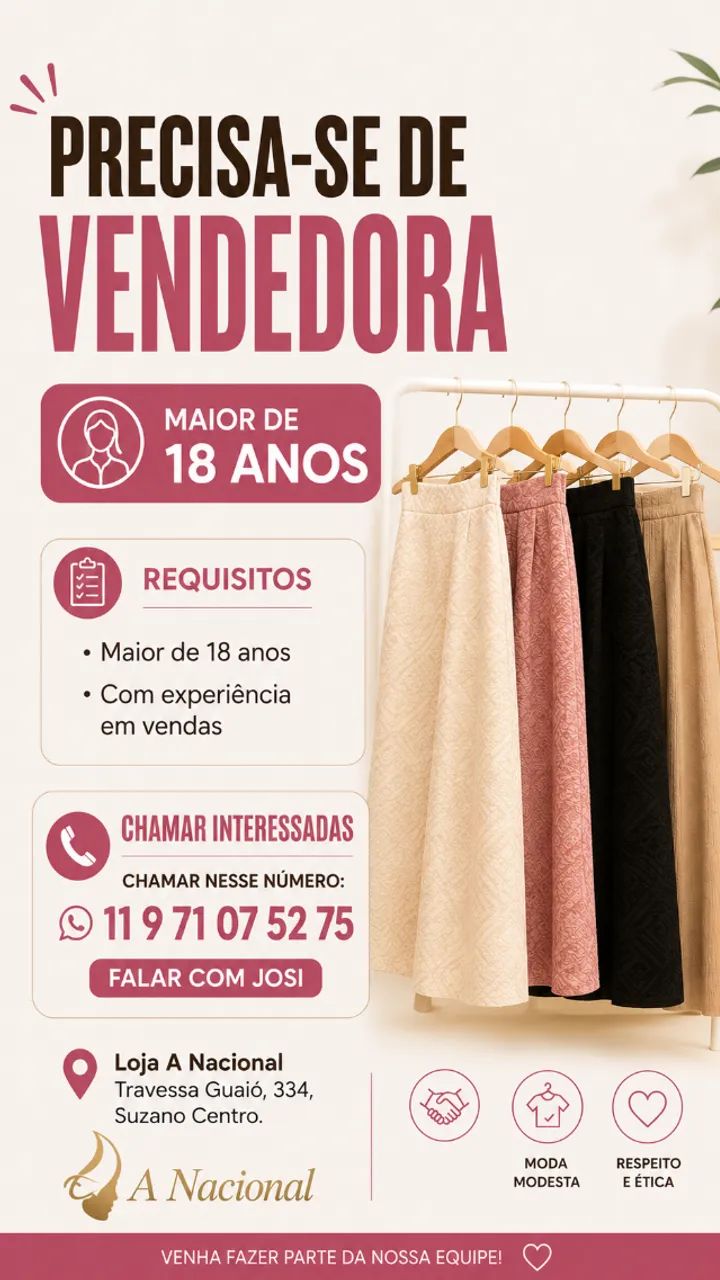 Vaga para vendedora loja moda evangélica