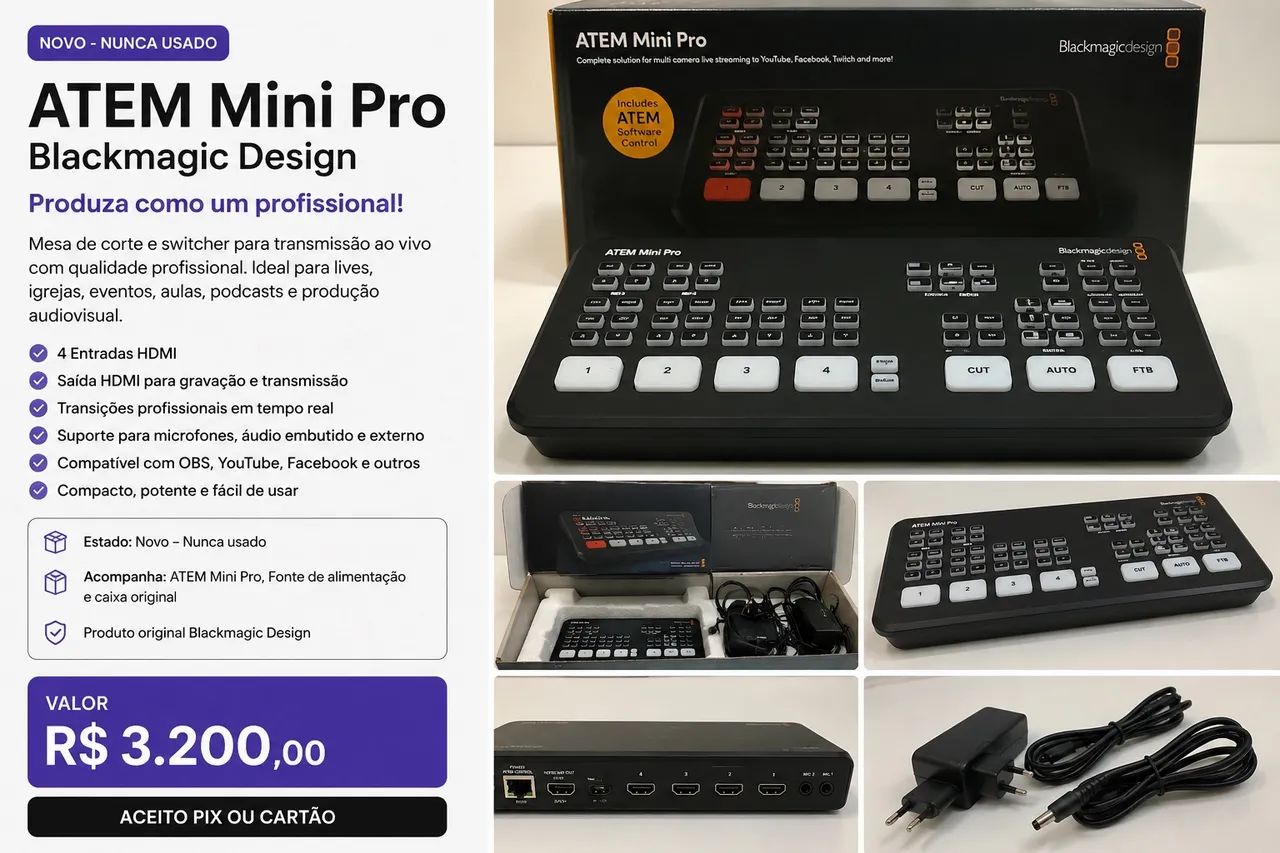 ATEM Mini Pro Blackmagic Design - NOVO, NUNCA USADO - Câmeras e