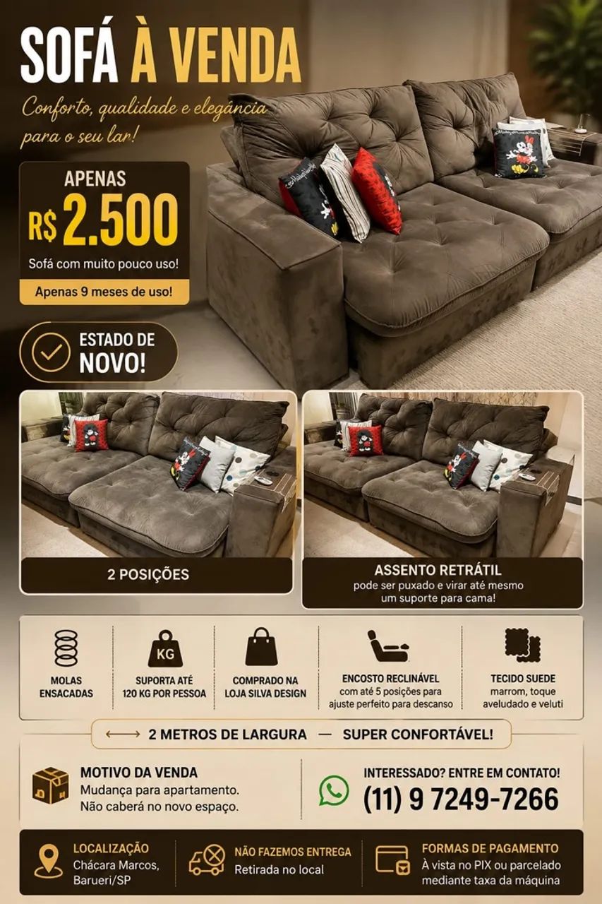 Sofá 2 lugares marrom retrátil e reclinável 