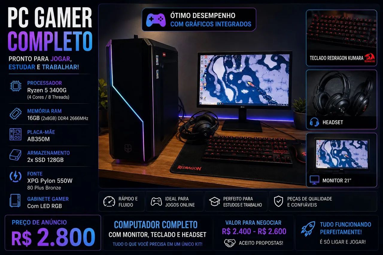 Pc Gamer + Monitor e Kit 