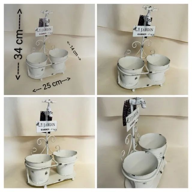 Suporte Para 2 Vasos Decorativo Em Metal pintura Branco Off/White  Modelo le Jardin  - Foto 3
