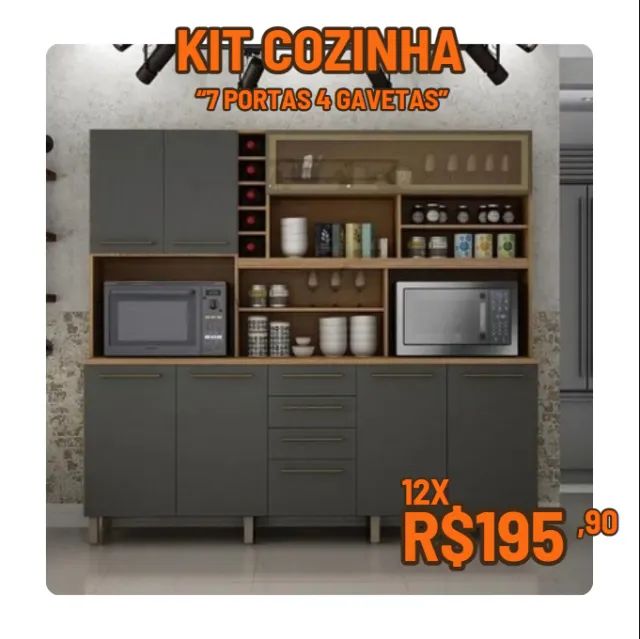 Kit Cozinha MDF com 7 Portas e 4 Gavetas - Super Funcional!