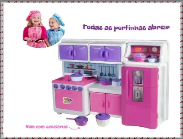 Kit Cozinha Infantil Armários e Utensílios Geladeira Cor Rosa