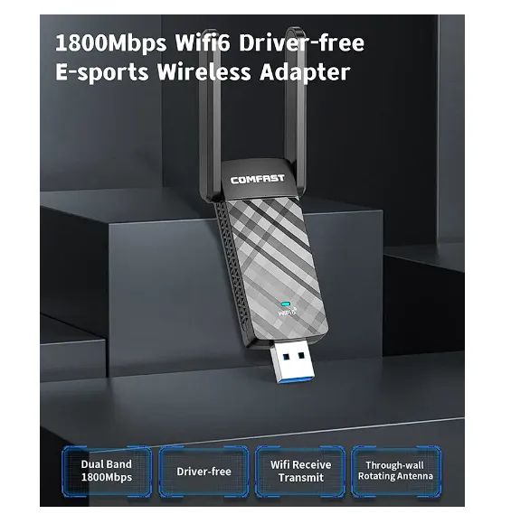 Adaptador USB para Windows 10 e 11, Wi-Fi 6, AX1800, 2.4G, 5GHz 