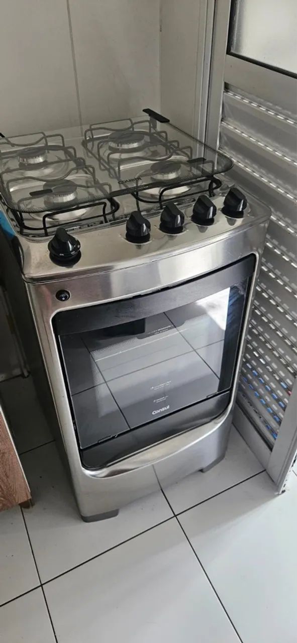 FOGÃO CONSUL 4 BOCAS COM MESA DE INOX ACENDIMENTO AUTOMÁTICO E DESIGN FRENTE ÚNICA
