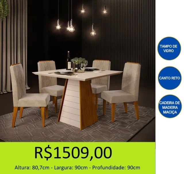 mesa de jantar com 4 cadeiras e tampo de vidro - a pronta entrega 