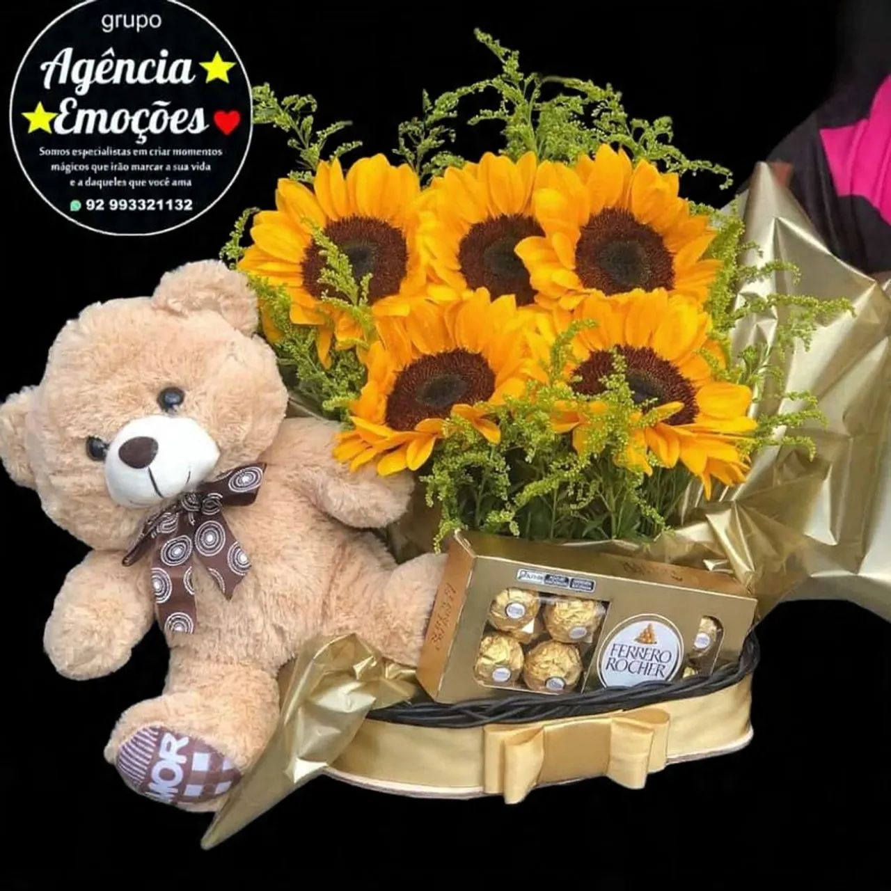 Cestas  romântica com buquê girassol é chocolate Ferreiro 