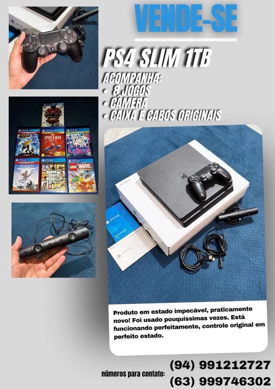 PS4 Slim 1TB + Jogos + Câmera + Acessórios Originais