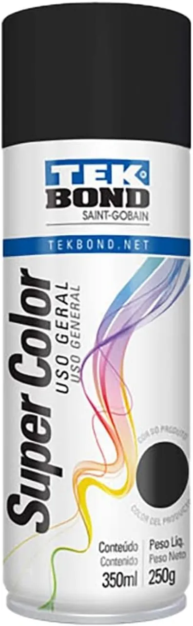 Tinta Spray Brilhante Super Color Uso Geral 350ml - Tekbond Preto Brilhante