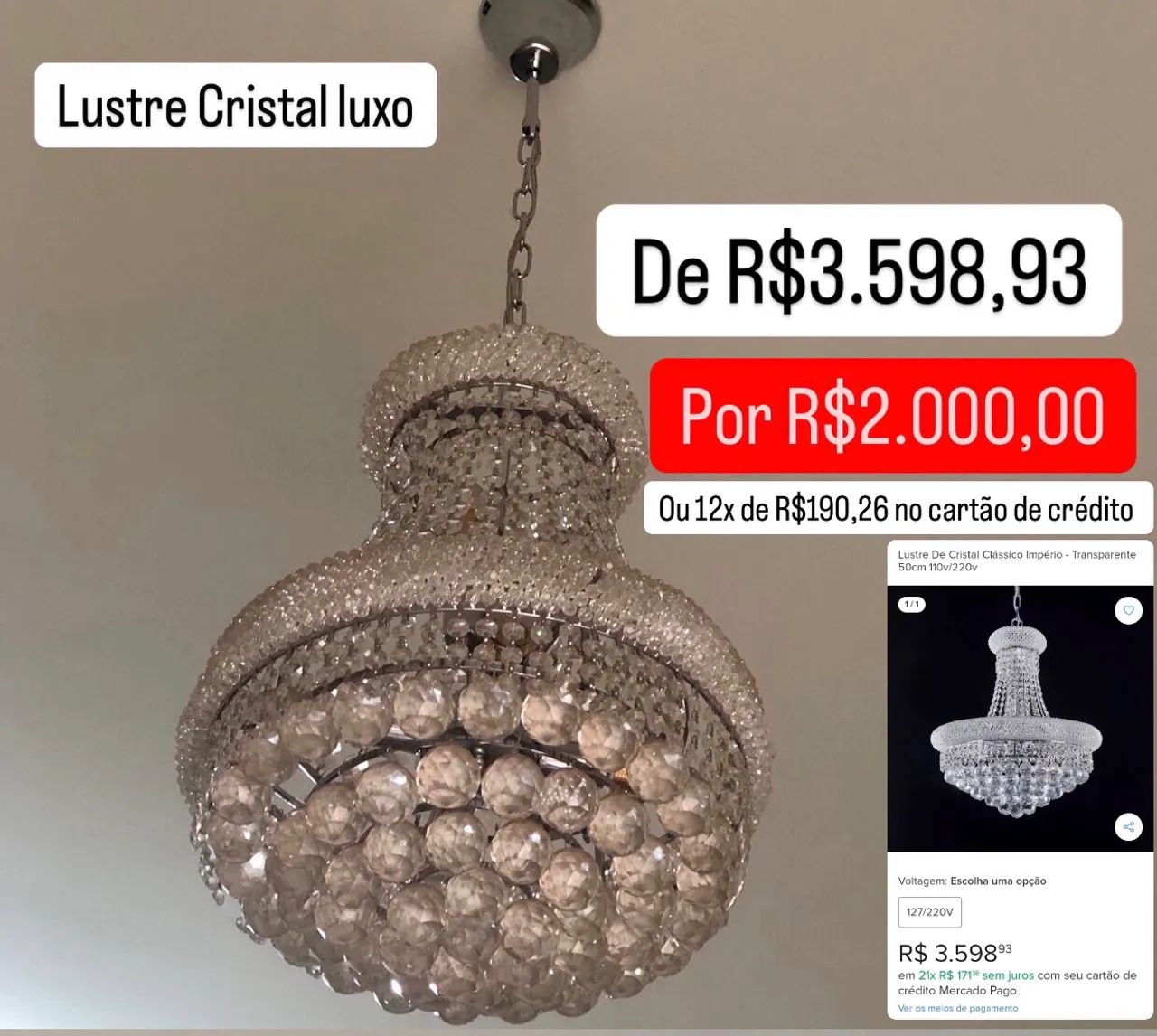 Lustre de Cristal Clássico Império 50cm