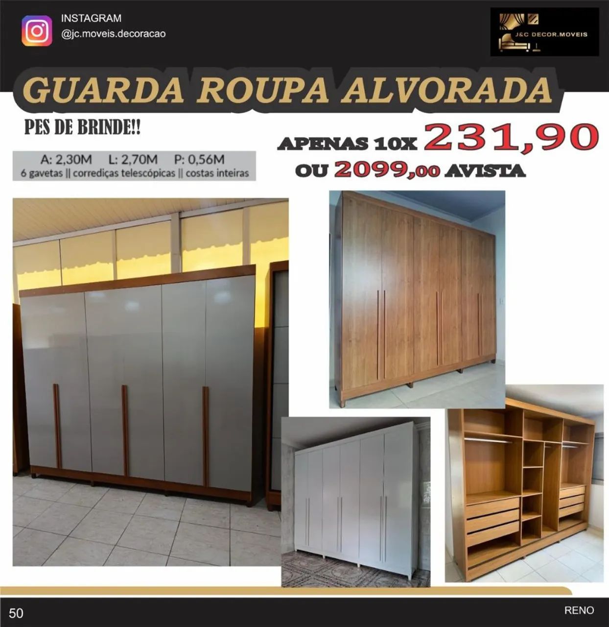 Guarda-Roupa Alvorada - 6 Gavetas - 2,30m x 2,70m