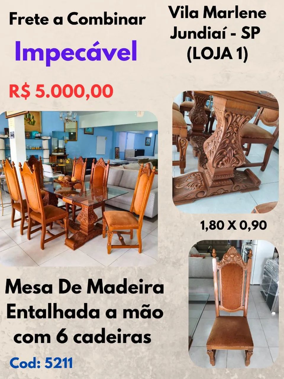 Mesa De madeira Entalhada com 6 cadeiras 