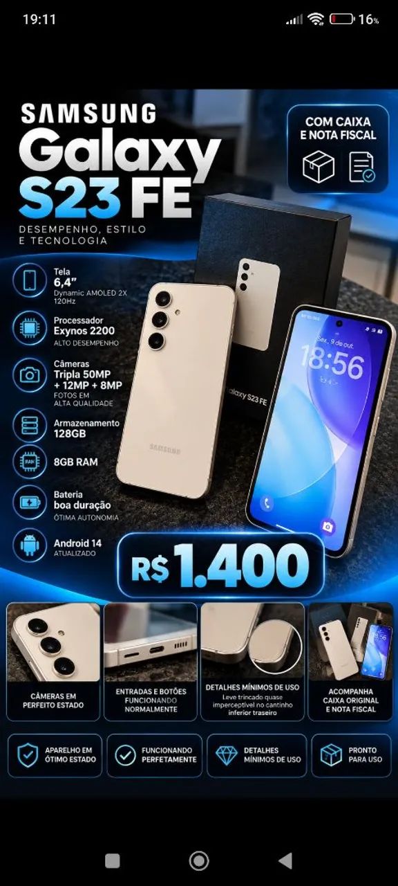Samsung S23 FE na caixa com nota fiscal 