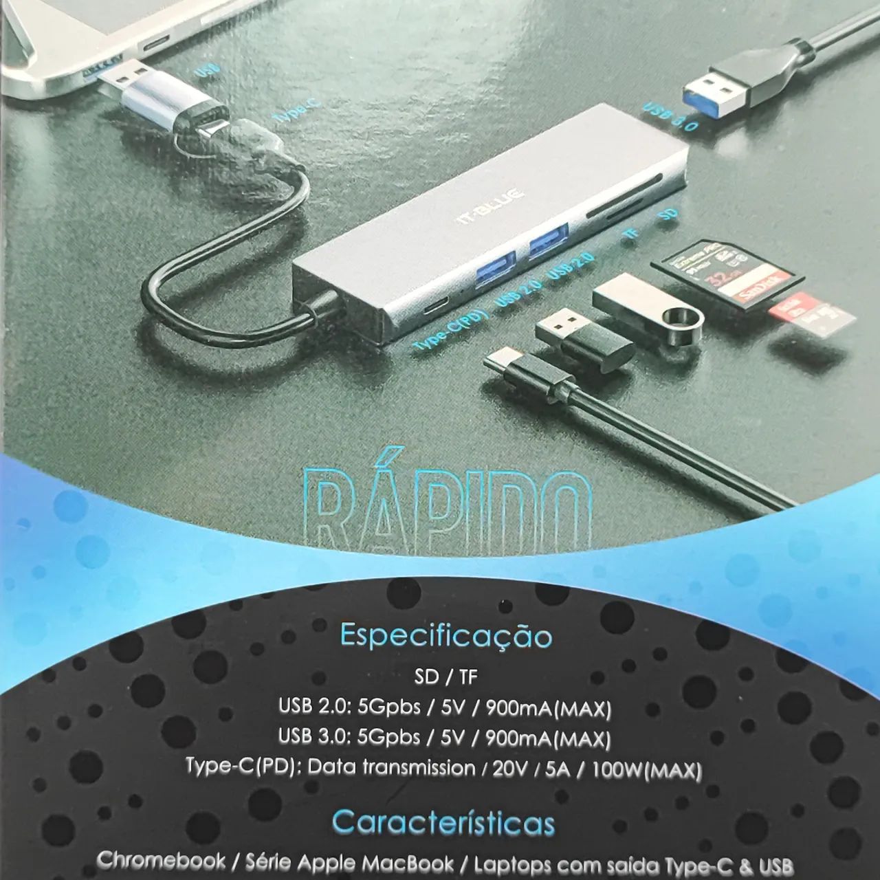 Hub tipo c e USB 2 em 1 com leitor de cartão de memória  - Foto 5