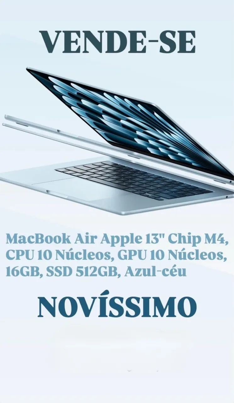 Macbook Air M4, 13 pol, 16 RAM, 512 SSD, 100% bateria. - Notebooks