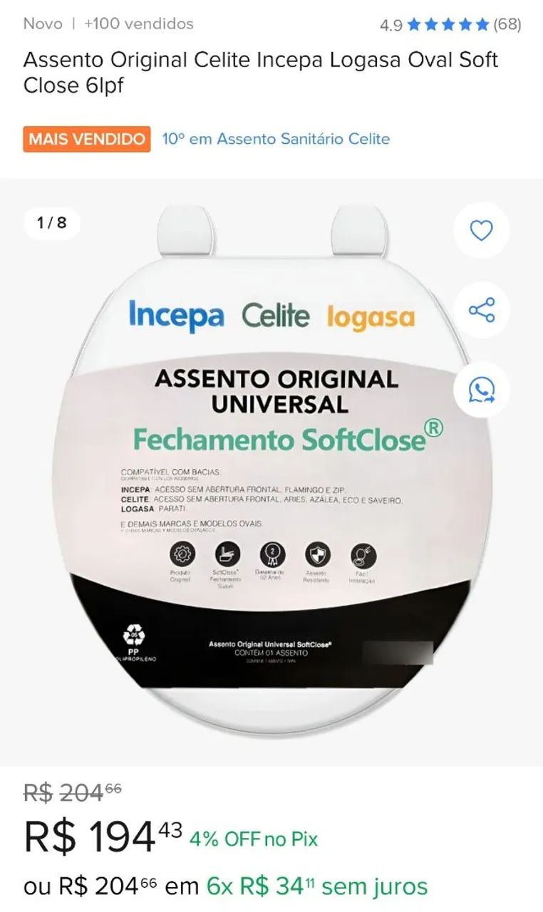 Assento vaso original SoftClose Incepa Celite Logasa
