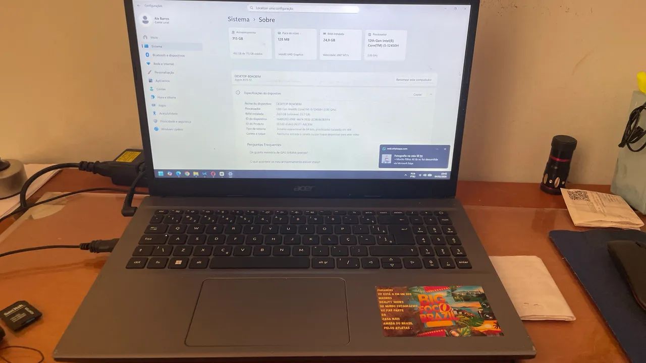 Notebook Acer Aspire 5 Intel I5 12450H 24gb RAM 715gb cinza - Foto 3