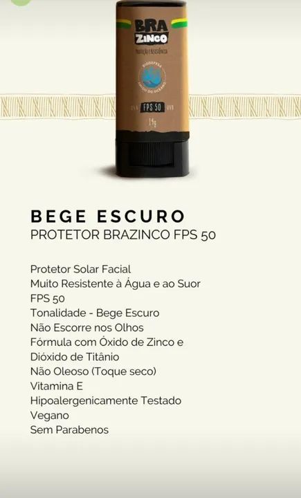 Protetor Solar Bra Zinco FPS 50 - Novo - Foto 3