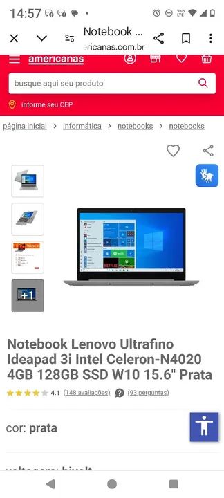 Notebook Lenovo Ideapad 3i Ultrafino Celeron-N4020 4GB 128GB SSD W10 15.6'' Prata