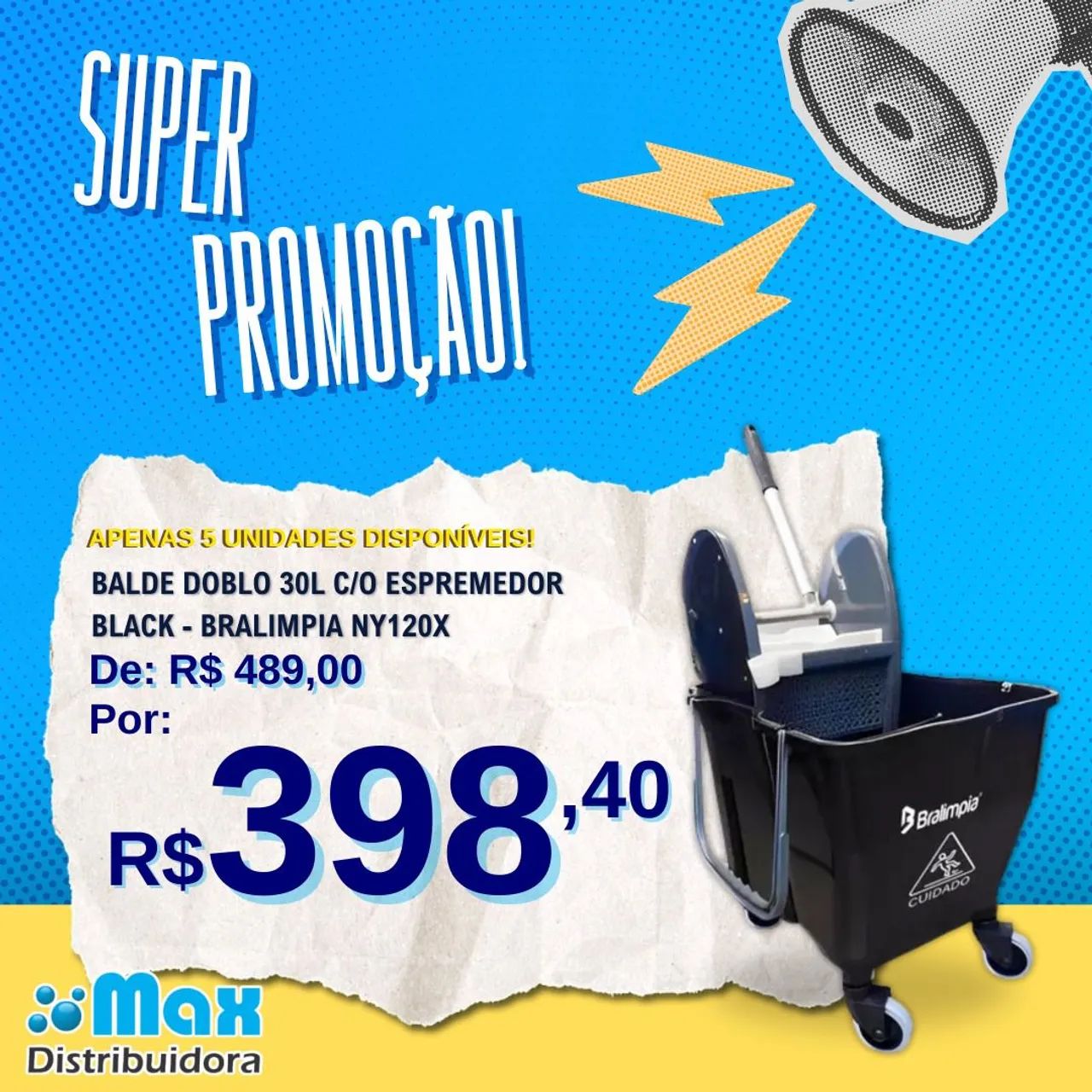 Balde Doblo 30 Bralimpia Com Rodas e Espremedor Conjunto Profissional Cor Preto Promoção
