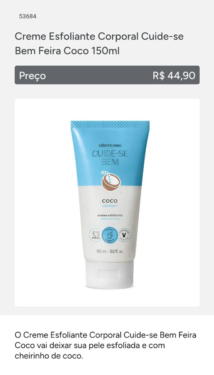 Creme Esfoliante Corporal Cuide-se Bem Feira Coco 150ml