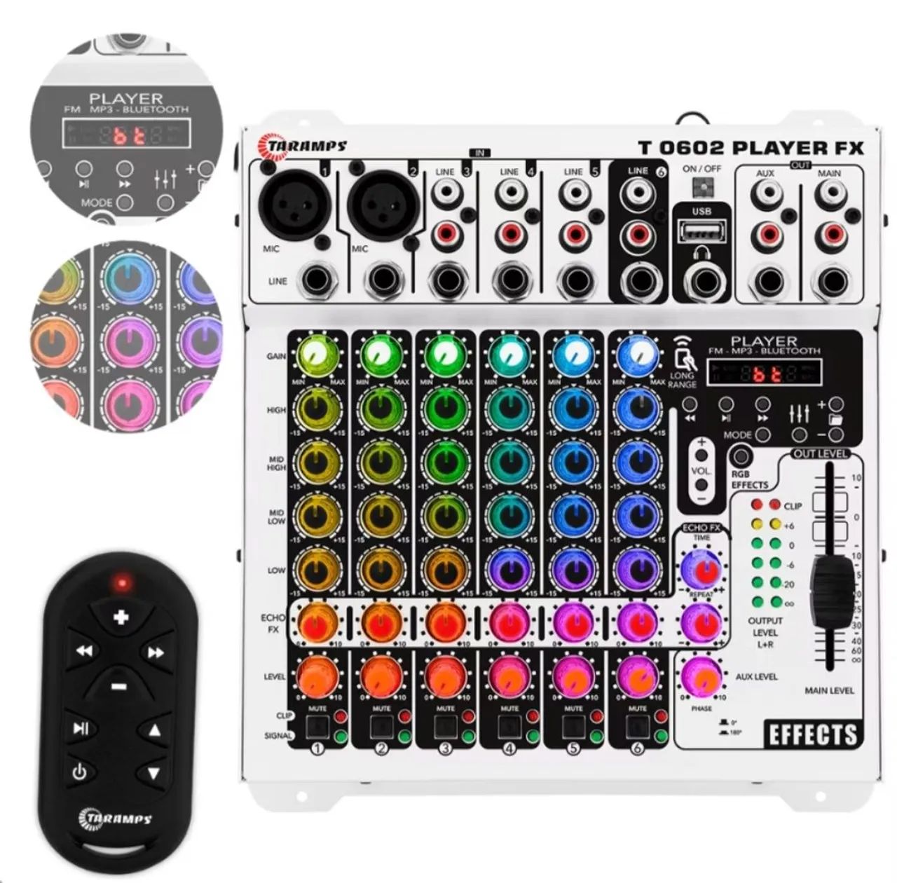 Mesa de áudio 6 canais taramps T0602 player multicolor com Bluetooth 