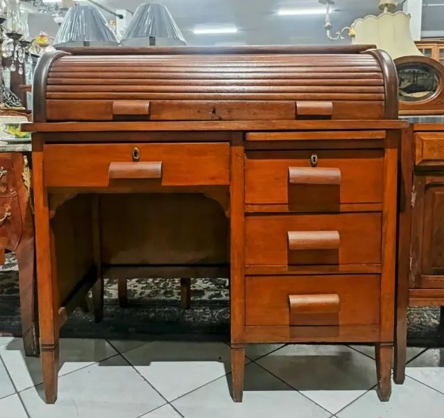 Escrivaninha Antiga de madeira com tampo de rolos