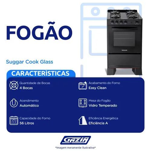Fogão Suggar Cook Glass 4 Bocas Automático 56 Litros