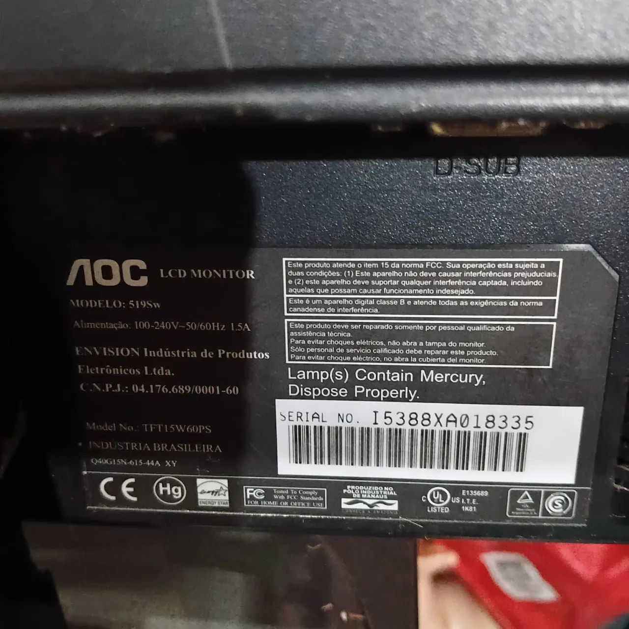 Monitor AOC 15" Widescreen 519Sw - Funcionando - Foto 3