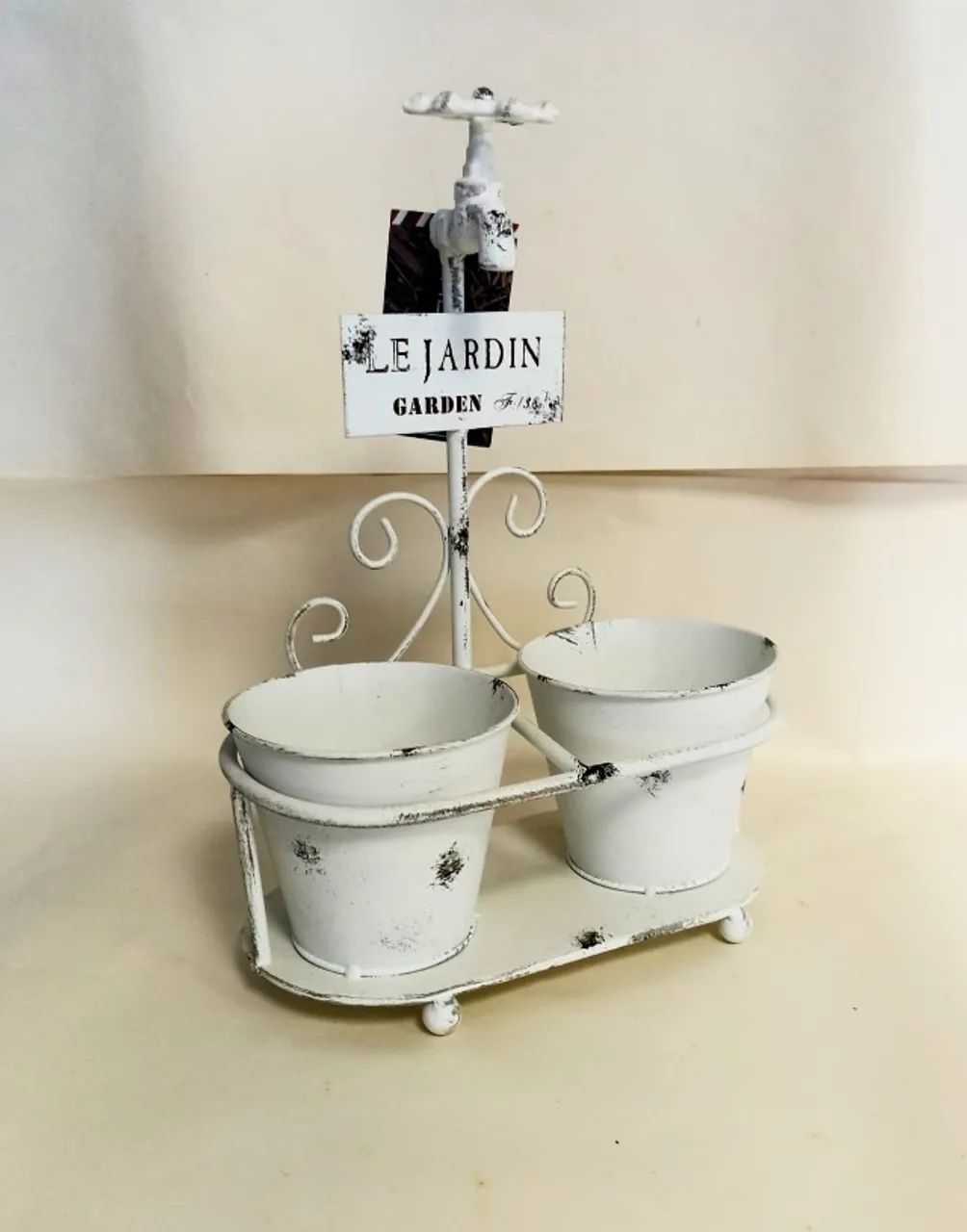 Suporte Para 2 Vasos Decorativo Em Metal pintura Branco Off/White  Modelo le Jardin 