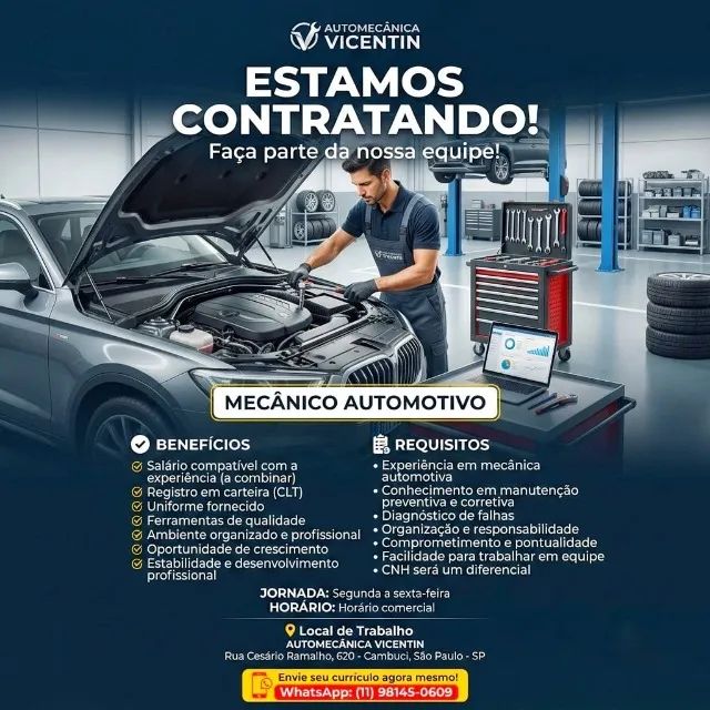 MECÂNICO AUTOMOTIVO - CONTRATA-SE / ADMITE-SE - CAMBUCI