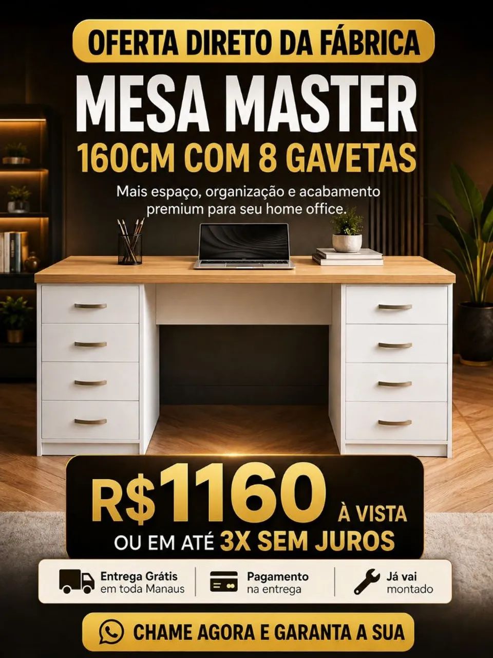 Mesa Master para escritório com 8 gavetas