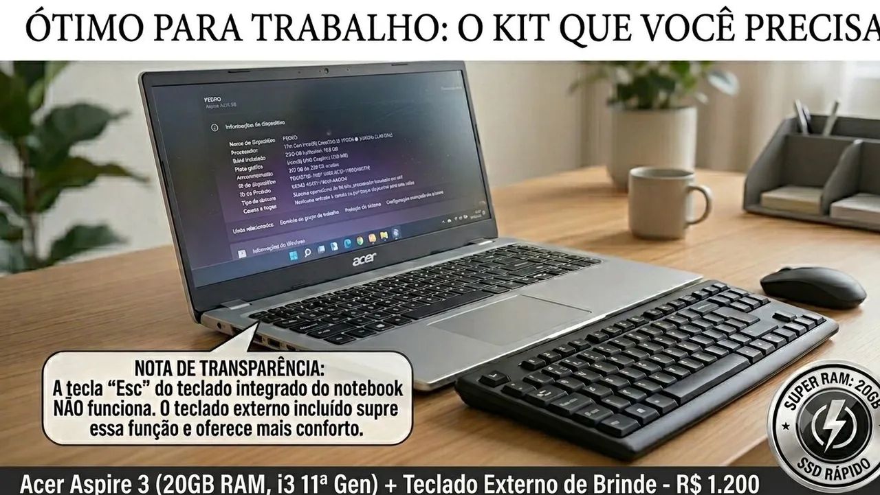 Notebook Acer 20GB RAM + SSD 256GB + Teclado Externo (Ótimo p/ Trabalho)