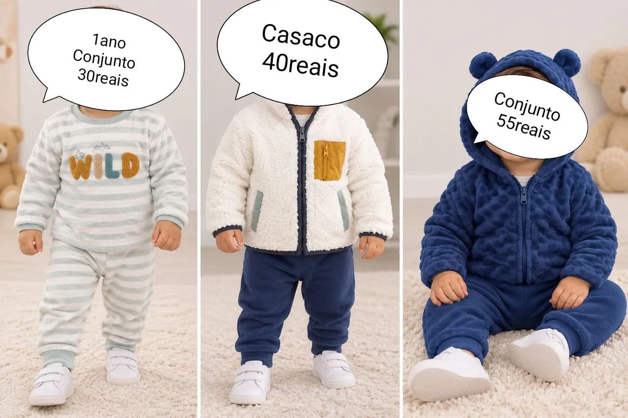 Conjuntos, casacos e sapatos super.