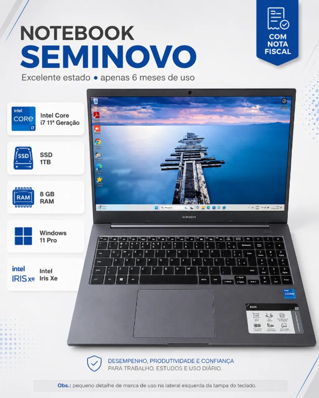 Notebook Samsung Book Core i7 11ª Geração, SSD 1TB, 8GB RAM, Nota Fiscal